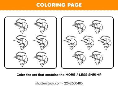 Education game for children coloring page more or less picture of cute cartoon shrimp line art set printable underwater worksheet