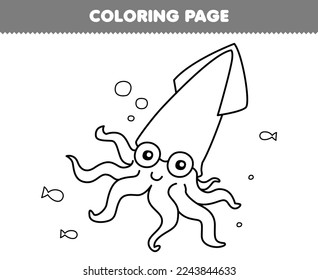 Education game for children coloring page of cute cartoon squid line art printable underwater worksheet