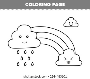 Education game for children coloring page of cute cartoon rainbow and cloud with rain line art printable nature worksheet