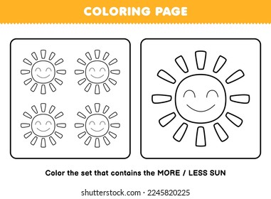 Education game for children coloring page more or less picture of cute cartoon sun line art set printable nature worksheet