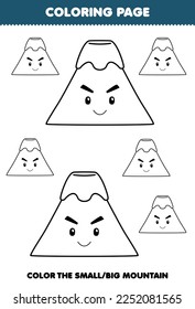 Education game for children coloring page big or small picture of cute cartoon mountain line art printable nature worksheet