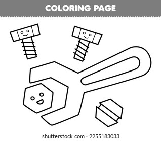 Education game for children coloring page of cute cartoon bolt and wrench  line art printable tool worksheet