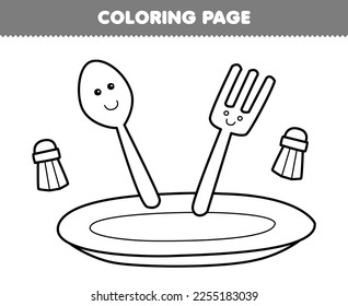 Education game for children coloring page of cute cartoon plate fork and spoon line art printable tool worksheet