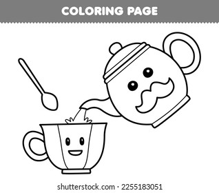 Education game for children coloring page of cute cartoon cup and teapot line art printable tool worksheet