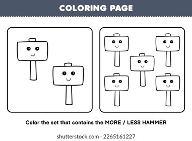 Education game for children coloring page more or less picture of cute cartoon hammer line art set printable tool worksheet