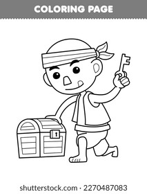 Education game for children coloring page of cute cartoon bald man trying to open treasure chest line art printable pirate worksheet