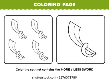 Education game for children coloring page more or less picture of cute cartoon sword line art set printable pirate worksheet