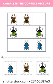 Education game for children complete the correct picture of a cute cartoon beetle printable bug worksheet