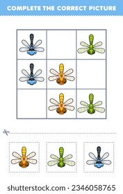 Education game for children complete the correct picture of a cute cartoon dragonfly printable bug worksheet