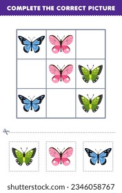 Education game for children complete the correct picture of a cute cartoon butterfly printable bug worksheet