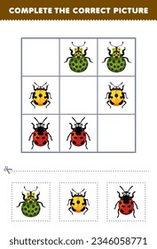 Education game for children complete the correct picture of a cute cartoon ladybug printable bug worksheet