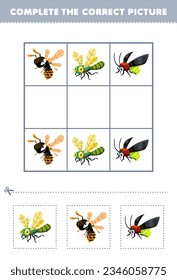 Education game for children complete the correct picture of a cute cartoon dragonfly bee and firefly printable bug worksheet