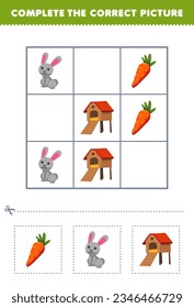 Education game for children complete the correct picture of a cute cartoon rabbit hutch and carrot printable farm worksheet