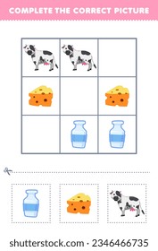 Education game for children complete the correct picture of a cute cartoon milk cheese and cow printable farm worksheet