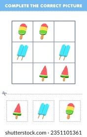 Education game for children complete the correct picture of a cute cartoon popsicle ice printable food worksheet