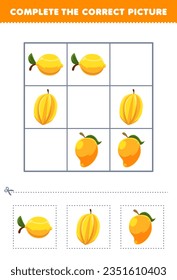 Education game for children complete the correct picture of a cute cartoon lemon star fruit and mango printable fruit worksheet