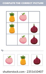 Education game for children complete the correct picture of a cute cartoon peach pineapple and fig printable fruit worksheet