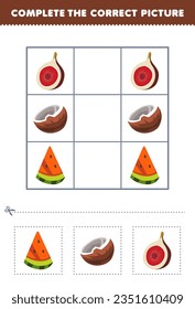 Education game for children complete the correct picture of a cute cartoon watermelon coconut and fig printable fruit worksheet
