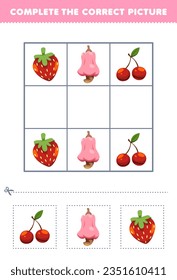Education game for children complete the correct picture of a cute cartoon cherry cashew and strawberry printable fruit worksheet