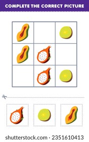 Juego de educación para niños completa la imagen correcta de un lindo dragón de dibujos animados hoja de trabajo de fruta kiwi y papaya imprimible