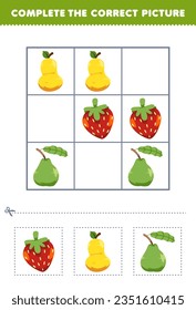 Juego de educación para niños completa la imagen correcta de una tierna caricatura pera de fresa y hoja de cálculo de fruta imprimible de guayaba