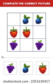 Education game for children complete the correct picture of a cute cartoon grape blueberry and raspberry printable fruit worksheet