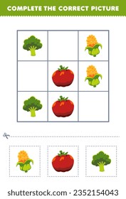 El juego de la educación para los niños completa la imagen correcta de una tierna hoja de cálculo de tomate de maíz y vegetales imprimibles de brócoli