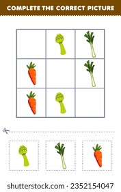 El juego de la educación para los niños completa la imagen correcta de una tierna caricatura espárragos y hoja de cálculo de vegetales imprimibles con zanahoria