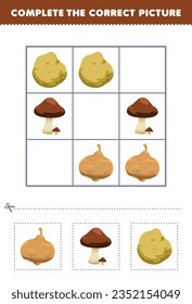 Education game for children complete the correct picture of a cute cartoon jicama mushroom and potato printable vegetable worksheet