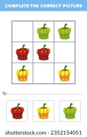 Education game for children complete the correct picture of a cute cartoon paprika printable vegetable worksheet
