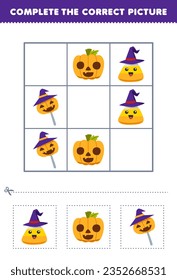 Education game for children complete the correct picture of a cute cartoon corn candy and pumpkin printable halloween worksheet