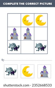 Juego de educación para niños completa la imagen correcta de una tierna tira de dibujos animados de un hombre lobo lunar y una hoja de cálculo imprimible de halloween en el castillo