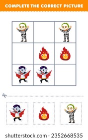 Education game for children complete the correct picture of a cute cartoon dracula fire and skeleton costume printable halloween worksheet