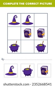 Juego de educación para niños completa la imagen correcta de una linda bruja de dibujos animados que caldera y libro mágico hoja de cálculo imprimible de halloween