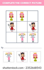 Juego de educación para niños completa la imagen correcta de una linda reina de dibujos animados diablo y una chica zombie hoja de cálculo imprimible de halloween