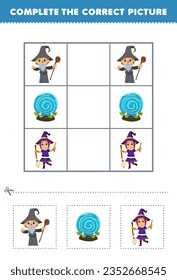Education game for children complete the correct picture of a cute cartoon wizard magic orb and witch printable halloween worksheet