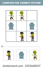 Education game for children complete the correct picture of a cute cartoon frankenstein tombstone and zombie printable halloween worksheet