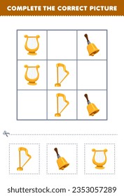 Education game for children complete the correct picture of a cute cartoon harp bell and lyre printable music instrument worksheet