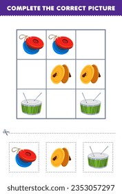 Education game for children complete the correct picture of a cute cartoon castanet cymbal and drum printable music instrument worksheet