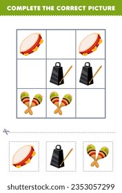 Education game for children complete the correct picture of a cute cartoon tambourine bell and maracas printable music instrument worksheet