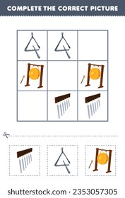 Education game for children complete the correct picture of a cute cartoon chimes triangle and gong printable music instrument worksheet