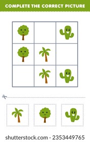 Juego de educación para niños completa la imagen correcta de una bonita palmera de dibujos animados y una hoja de cálculo de naturaleza imprimible de cactus