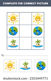 Juego de educación para niños completa la imagen correcta de una bonita viñeta de una isla soleada y del planeta de la tierra hoja de trabajo de naturaleza imprimible