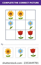 Juego de educación para niños completa la imagen correcta de una bonita hoja de cálculo de la naturaleza de las flores de dibujos animados imprimibles