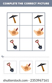 Education game for children complete the correct picture of a cute cartoon shovel treasure map and pickaxe printable pirate worksheet