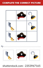 Education game for children complete the correct picture of a cute cartoon sword hat and hook printable pirate worksheet