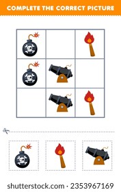 Education game for children complete the correct picture of a cute cartoon bomb torch and cannon printable pirate worksheet
