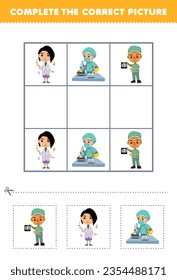 Juego de educación para niños completa la imagen correcta de una linda caricatura radióloga farmacéutica y virologista hoja de trabajo de profesión imprimible