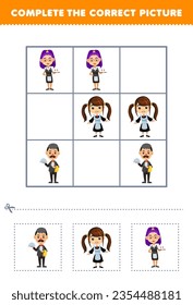Education game for children complete the correct picture of a cute cartoon waiter waitress and maid printable profession worksheet