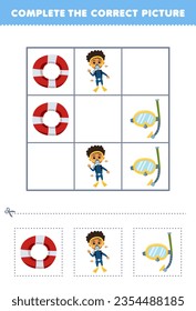 Education game for children complete the correct picture of a cute cartoon lifebuoy diver and surfing goggles printable profession worksheet
